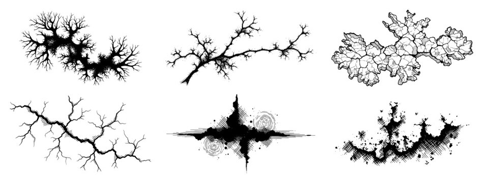 Collection of six vintage woodcut style elements featuring cracks lichen and organic textures