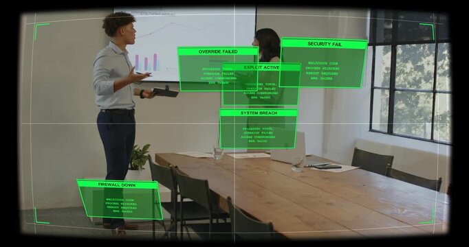 Colleagues standing at far end of conference table responding to HUD alerts while consulting tablet