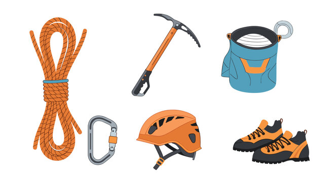 Various orange and grey climbing gear including a rope, ice axe, helmet, and boots are arranged on a white background.