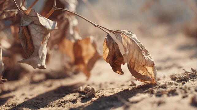 Withered dry leaves hang over dusty ground, symbolizing drought, plant decay, heat stress, and the damaging effects of arid climate on fragile nature.