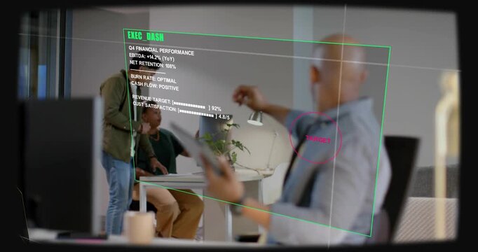 Seated male tapping tablet and pointing, leading finance review with EXEC DASH anchoring midframe