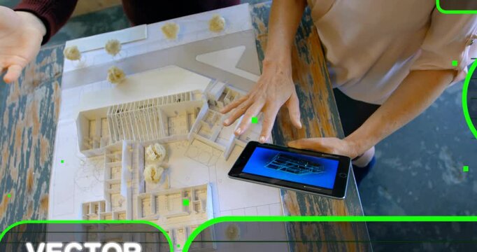 Right design lead tapping tablet, aligning 3D render with model, green RENDER PIXEL guiding layout