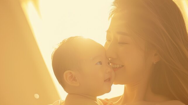 Mother and Baby Sharing Joyful Moment in Warm Sunlight Outdoor