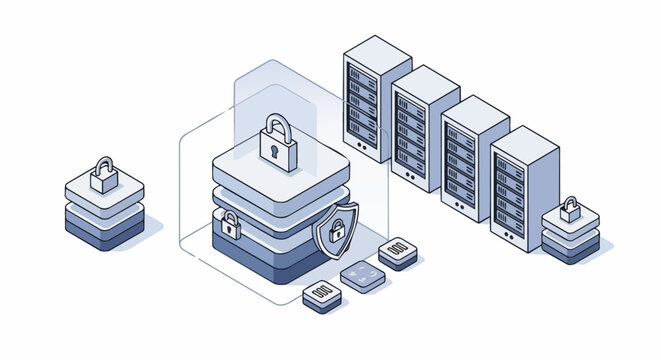 Isometric Data Security and Cyber Protection Infrastructure Illustration with Secure Server Racks and Database Shields