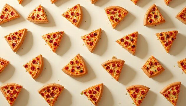 Seamless pattern of pepperoni pizza slices on beige background.