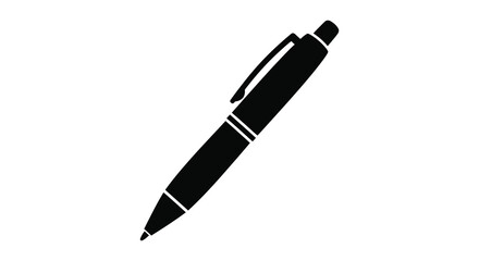 A stark black silhouette of a modern ballpoint pen against a plain white background a simple graphic silhouette © Jahid