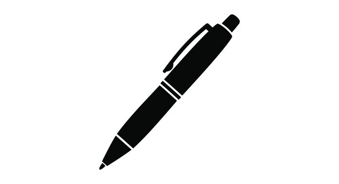 A stark black silhouette of a modern ballpoint pen against a plain white background a simple graphic silhouette