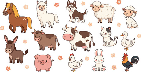 Naklejka premium Farm Animal Collection, Cute Hand-Drawn Vector Set of Horse, Sheep, Cow, Pig, Chicken, Duck, Rabbit, and More with Flowers for Kids, Nursery, and Farm Illustrations