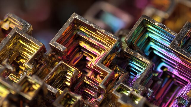 Iridescent bismuth crystal closeup with layered geometric steps and metallic sheen, vibrant gold and magenta highlights, sharp angular terraces, dramatic studio lighting on black background,