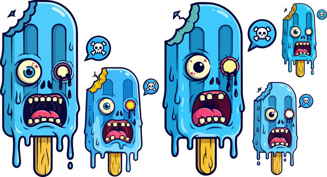 Cartoon zombie ice cream, melting blue popsicles, funny faces, emoticons, vector stickers