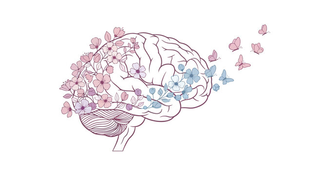 A brain illustration with flowers and butterflies emerging from it in a creative scene.