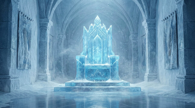 An intricate ice throne rests on a pedestal inside a vast icy castle chamber with arched ceilings and frosted banners.