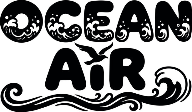 Black and white ocean air lettering with wave and bird vector art