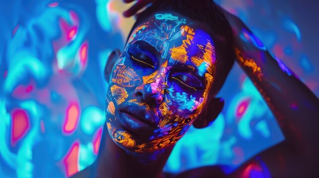 Neon Art Face Painting with Glowing Colors on Dark Background