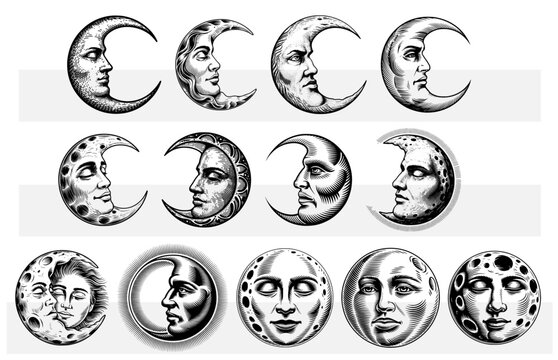 Crescent moon with face, celestial sun and moon set, vintage engraved style mystical moon phases, retro woodcut astrology icons, esoteric occult design elements