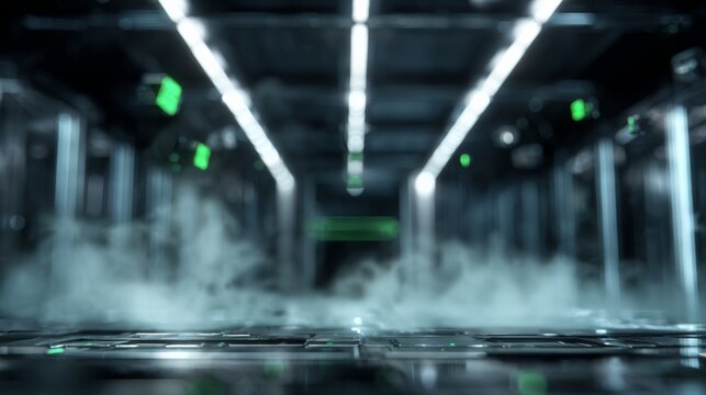 Futuristic data center with glowing lights and fog creating a high-tech atmosphere.