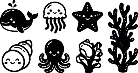 Obraz premium Cute black and white marine animals and coral vector art set