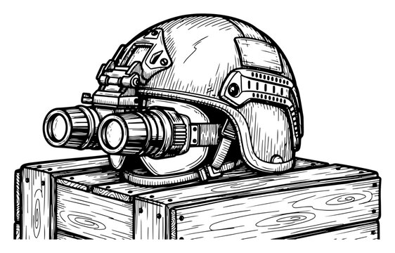Tactical combat helmet with night vision goggles placed on a wooden military crate in detailed engraving style