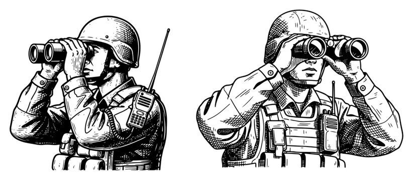 Military soldiers looking through binoculars for surveillance in vintage engraving style