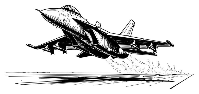 Military jet fighter aircraft taking off from runway in hand drawn engraving style