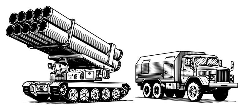 Multiple rocket launcher system on tracks and military support truck in engraving style