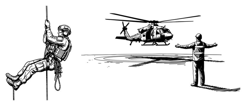 Military soldier rappelling from a helicopter with a signaler guiding the landing