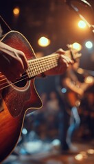 Obraz premium Vertical Portrait of Acoustic Guitar Performance with Focus on Fretting Hand and Glossy Wooden Body
