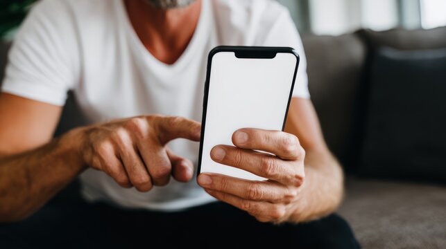Older Man Using Smartphone Sitting on Couch in Living Room