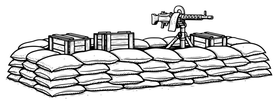 Machine gun nest protected by sandbags and wooden ammo crates