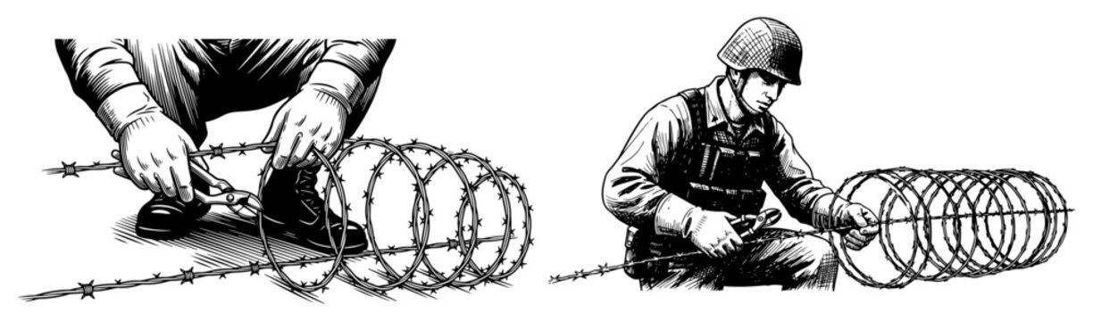 Soldier cutting and setting up barbed wire obstacles in engraving style