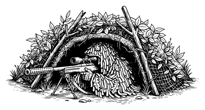 Stealthy sniper in ghillie suit hidden inside camouflaged blind in detailed engraving style