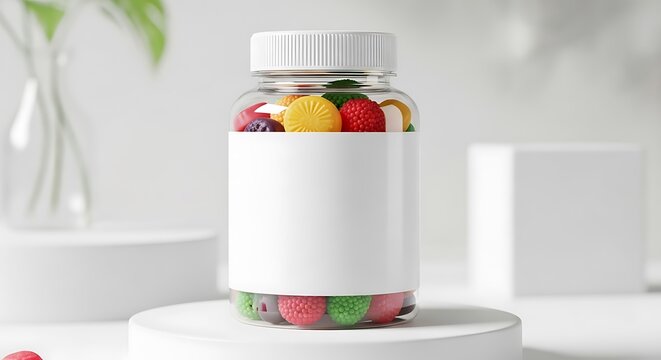 A bottle of colorful gummy candies on a white table with a blank label