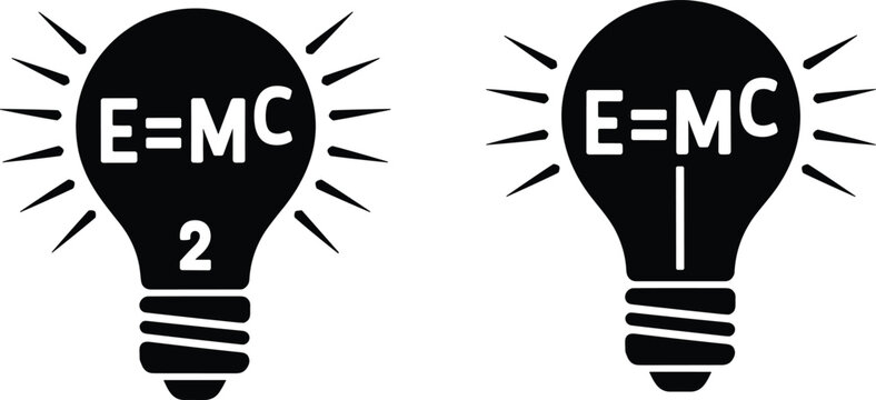 Black light bulb silhouettes with Einstein's physics formula isolated on white background representing scientific innovation creative intelligence and brilliant ideas for educational design projects.