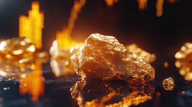 Raw gold nugget with shimmering reflections, showcasing its precious metallic luster and inherent value.
