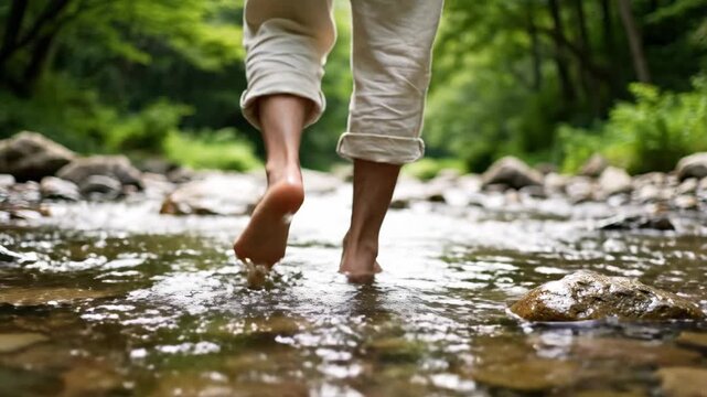 Person walking barefoot through shallow forest stream on rocky bed