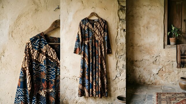 A beautifully patterned dress hanging on a wall in a rustic setting, showcasing a bohemian aesthetic