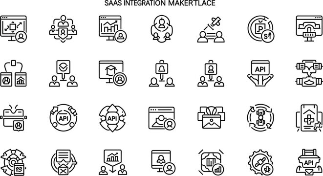 SaaS integration marketplace line icon set featuring API connections cloud services automation workflows software integration and digital platforms