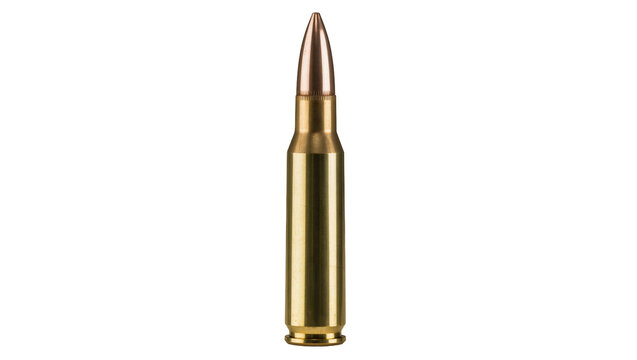 Isolated modern rifle ammunition cartridge with copper bullet for hunting and target shooting