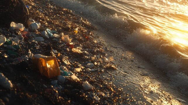 Single use plastic pollution mars a sunlit beach shoreline with waves gently lapping the debris