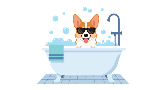 A cheerful cartoon corgi dog with sunglasses is enjoying a bubble bath in a white tub with a blue faucet and towel on a tiled floor.