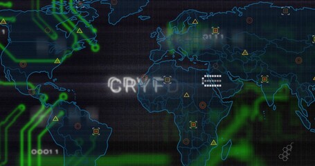 Displaying neon global map pulsing on ops dashboard, with green traces, warning icons, targets © vectorfusionart