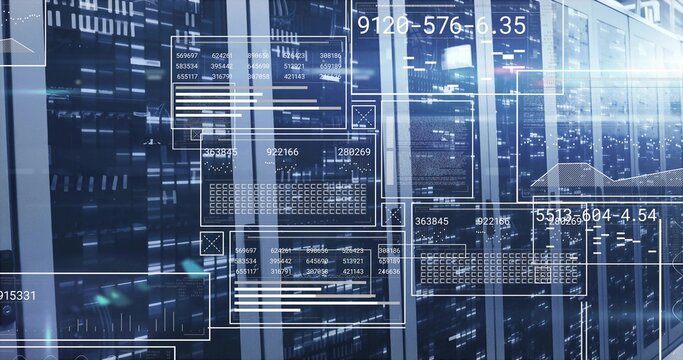 Displaying bank of server racks with glass-front doors in data center, showing LED readouts