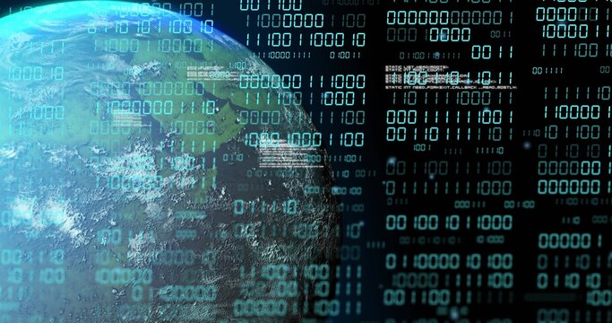 Displaying Earth-like globe occupying left side in orbit, streaming binary digits and HUD panels