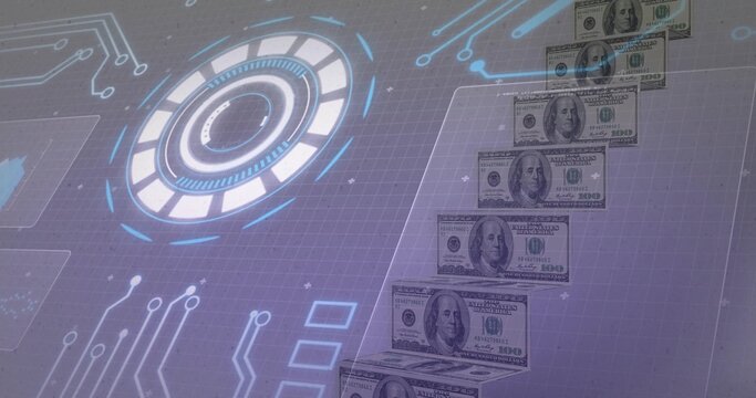 Rising staircase of 100-dollar bills ascending diagonal grid with HUD rings, copy space