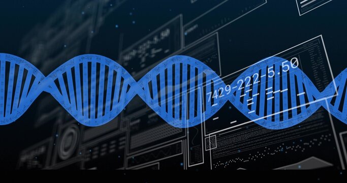 Displaying blue DNA double-helix sliding across virtual lab dashboard, showing numeric overlays