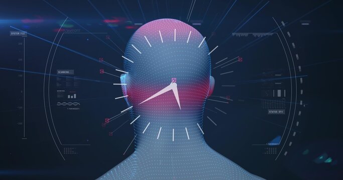Scanning stylized dotted mesh head projecting HUD in digital space, showing analog clock overlay