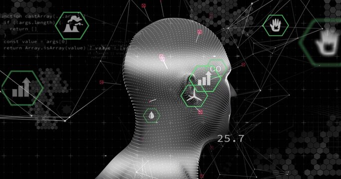 Rendering gray dotted mesh head and wireframe in dashboard showing green hex badges and 25