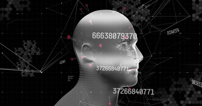 Displaying dot-mesh head facing right on hex grid with numeric tags, wireframe lines and red nodes