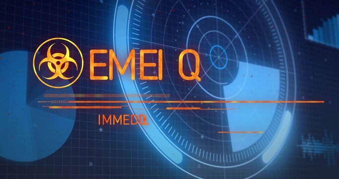 Projecting circular radar HUD on control dashboard, showing biohazard badge, EMEI Q and IMMEDQ