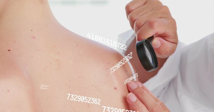 Doctor examining patient back, shoulder in derm clinic, with lens, white coat, AR text, copy space